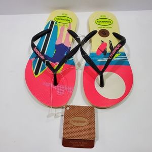 NWT Havaianas Women's Slim FlipFlops Surfer Print Yellow Green Size 8